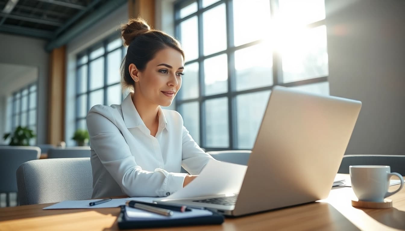 Complete your eta application uk with a focused businesswoman in a modern office.