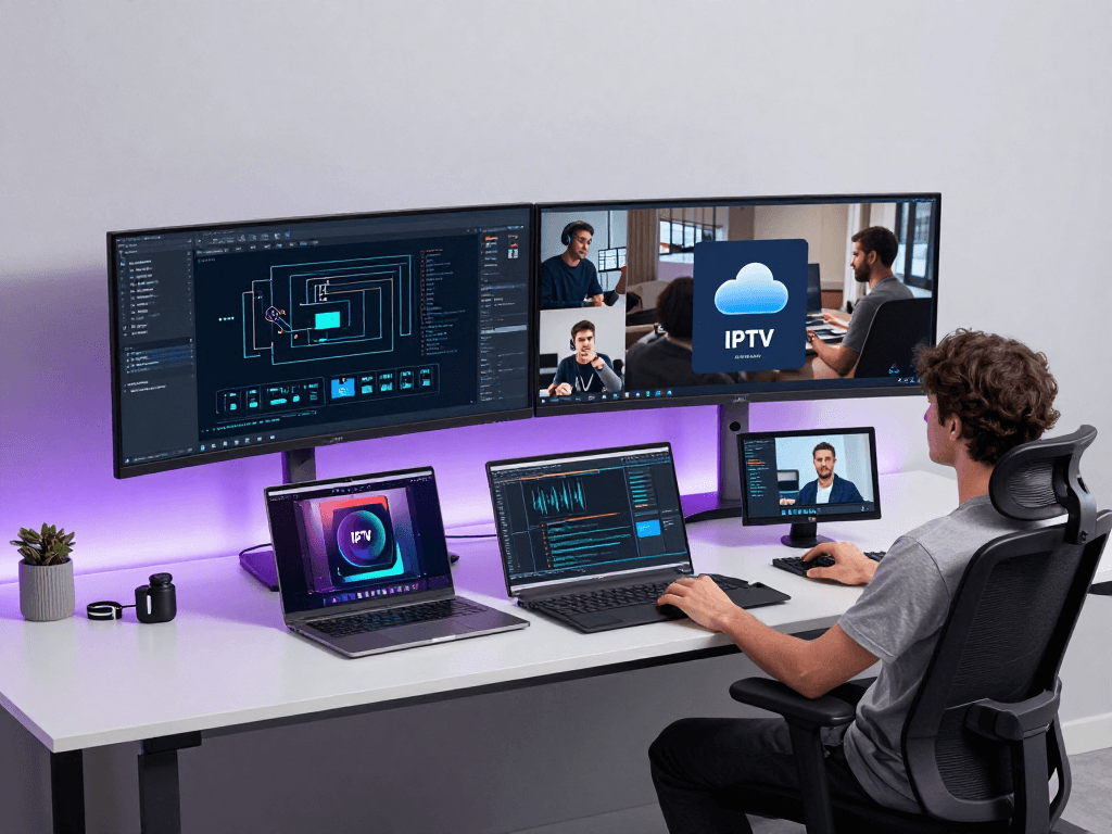IPTV subscription reseller's tech workspace featuring software development, cloud computing integration, and advanced digital tools.
