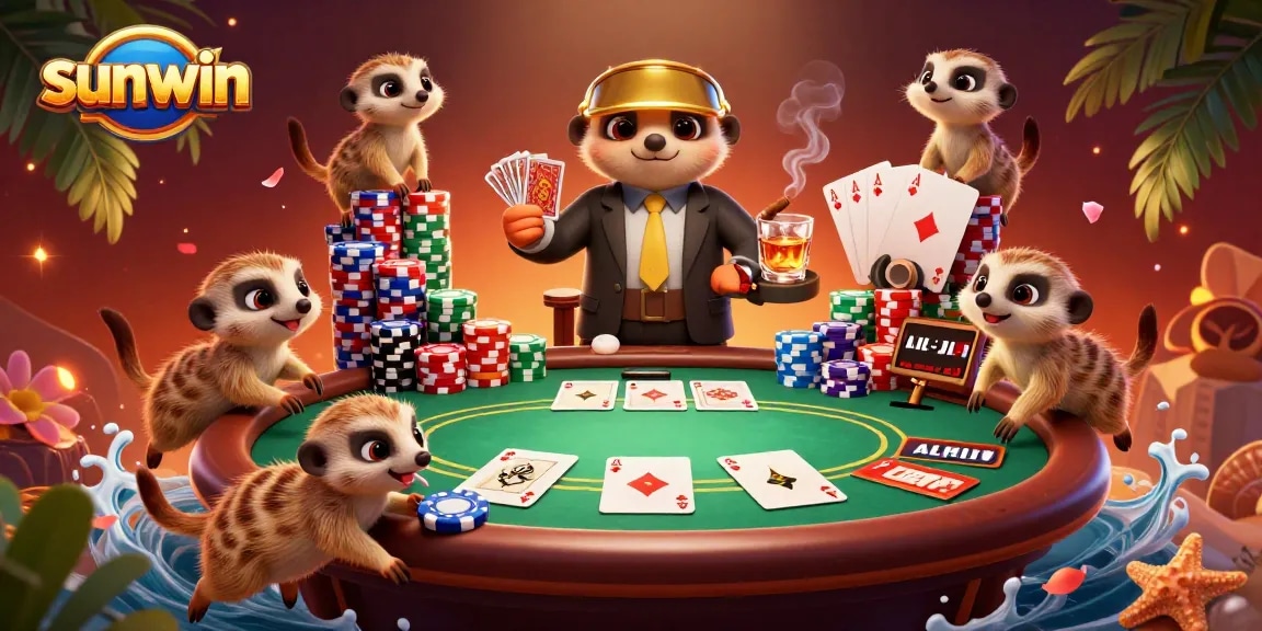 Experience high-stakes poker action at the sunwin casino with meerkats managing the game.