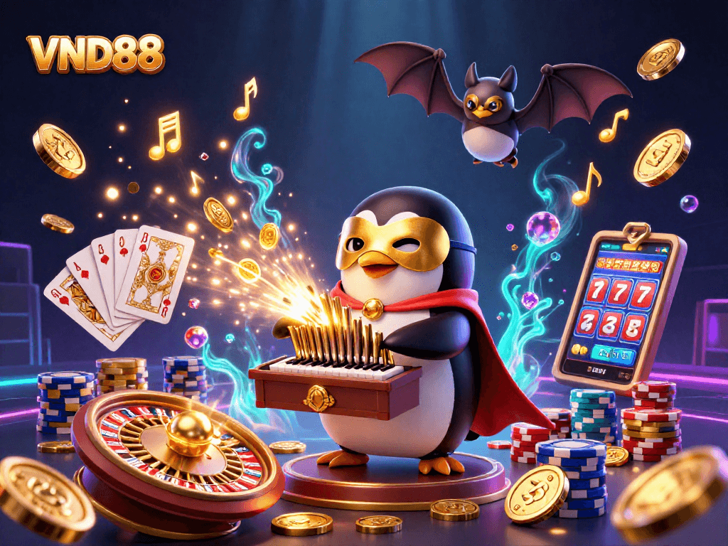 VND88 showcases thrilling gameplay with a 3D cartoon phantom penguin, coins, and vibrant casino elements.