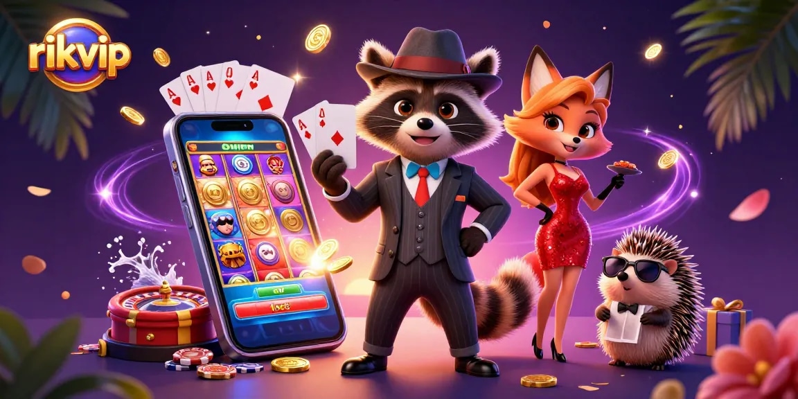 Experience the thrill of rikvip with a cartoon raccoon holding cards amidst a casino backdrop.