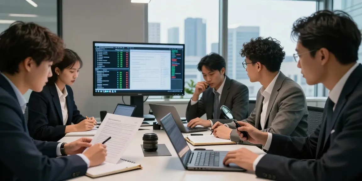 Team engaged in document fraud detection analysis with digital screens and collaborative effort.