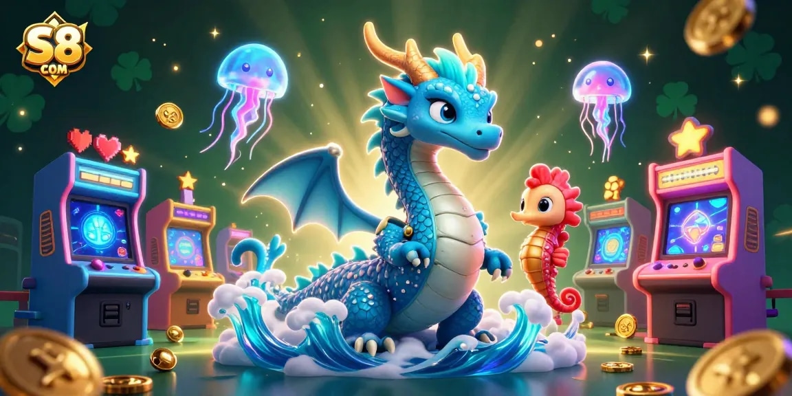 Engage with S8 COM's vibrant 3D casino experience featuring a dragon and knight.