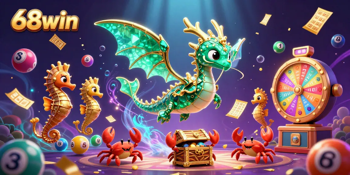 Engage with the exciting world of 68win featuring vibrant lottery elements and a magical sea dragon.