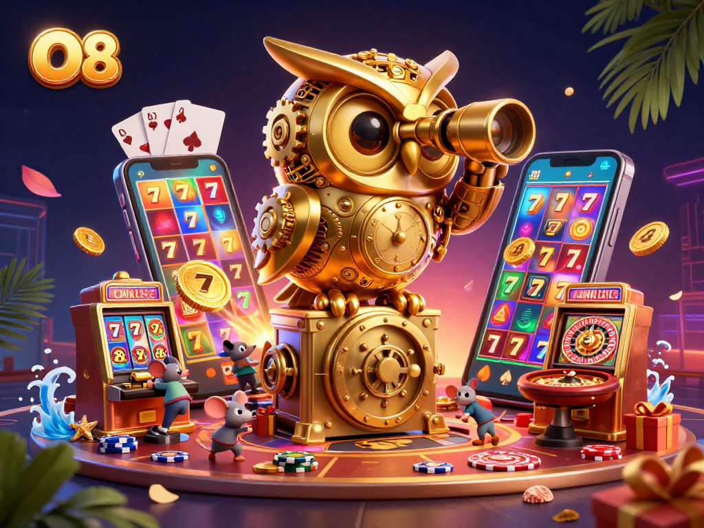 O8 brings excitement to players with a grand 3D casino scene featuring an owl, vibrant slots, and dynamic games.