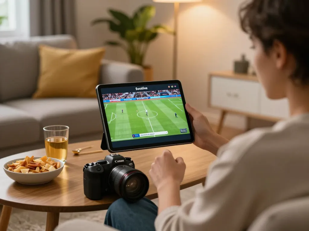 Socolive streaming exciting football matches live on a tablet in a cozy home setting.