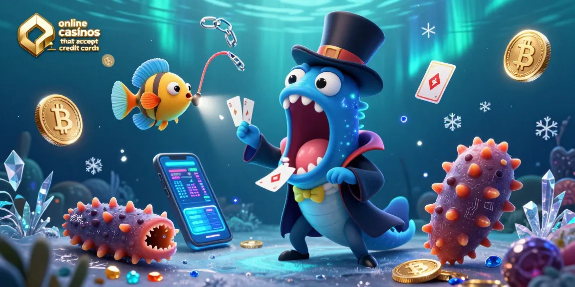 Explore online casinos that accept credit cards with a vivid underwater scene featuring magical sea creatures.