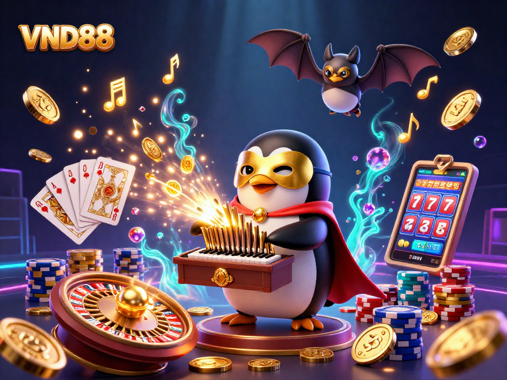 VND88 showcases thrilling gameplay with a 3D cartoon phantom penguin, coins, and vibrant casino elements.