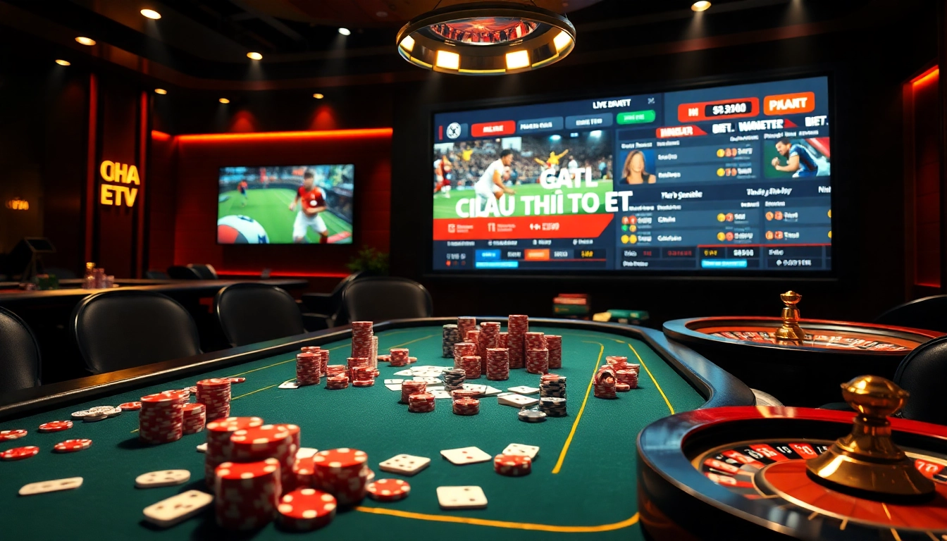 Catching the excitement of ca khia tv, players engage in a lively casino scene with vibrant poker chips and live sports betting.