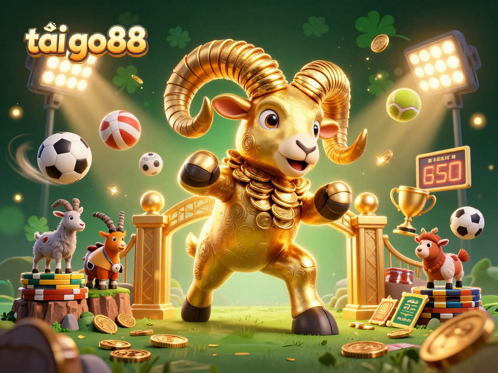 Experience excitement with tải go88 and a thrilling 3D casino scene featuring a golden ram and dynamic sports elements.