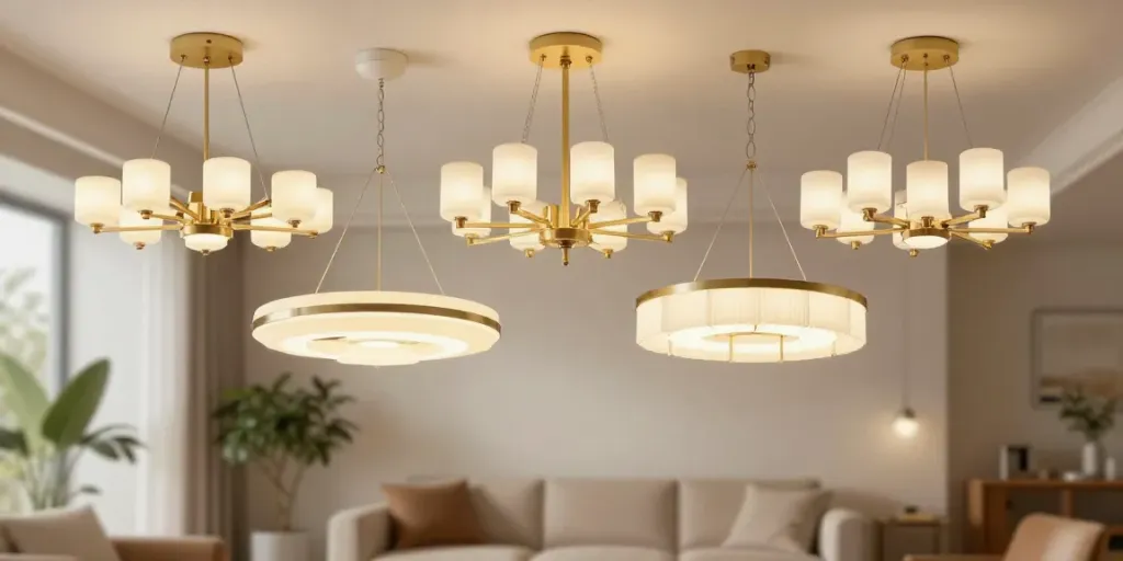 O lustra LED modernă într-un spațiu de living elegant, oferind un aspect estetic și confortabil.