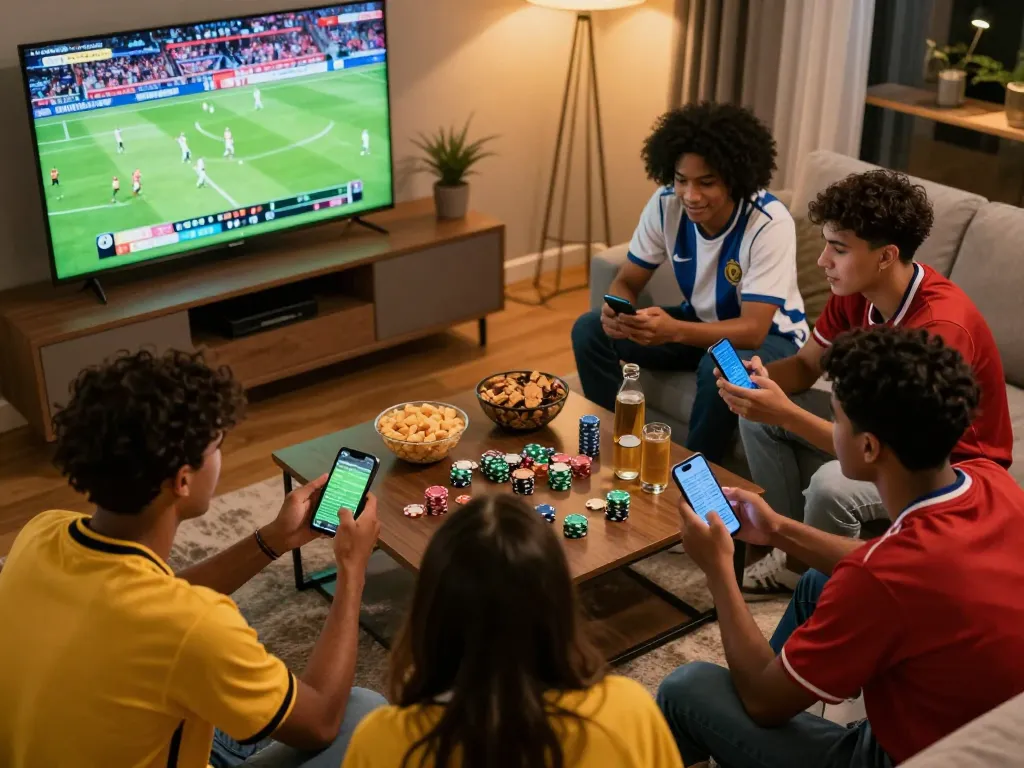 Engaged friends discussing debet betting strategies while watching live sports event.