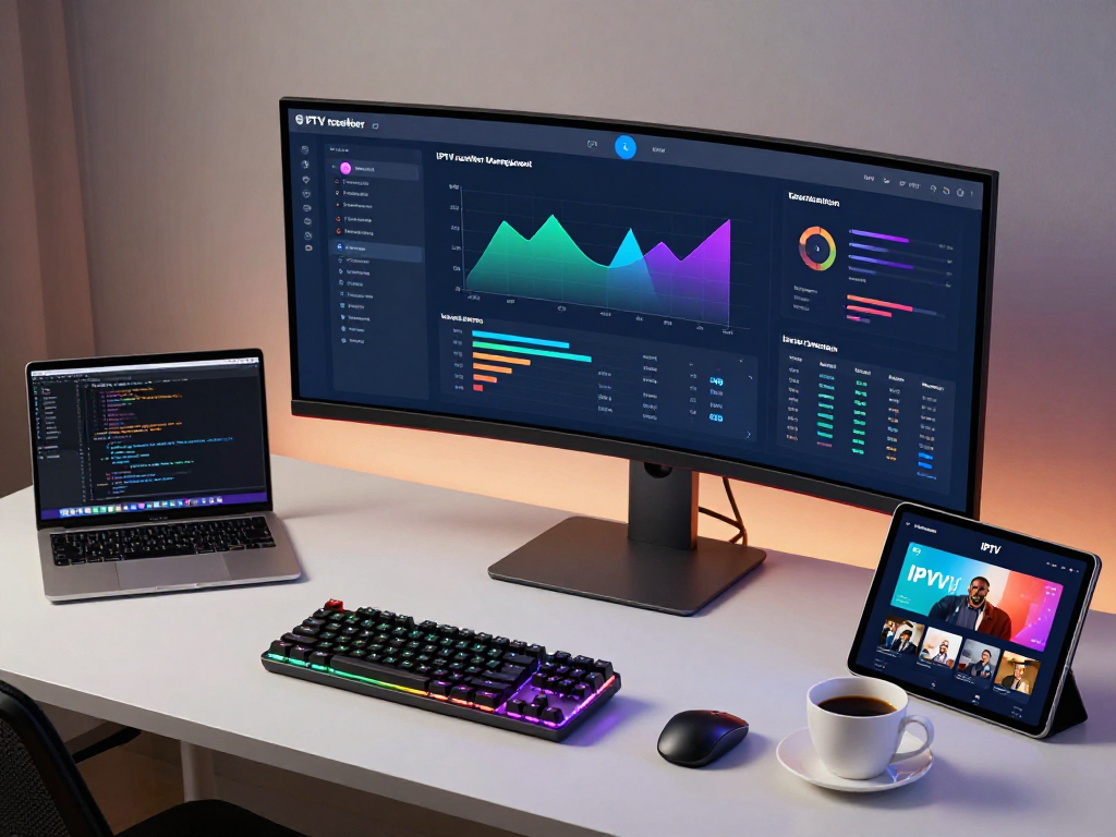 IPTV subscription management panel dashboard in a tech workspace showcasing advanced analytics and user engagement features.