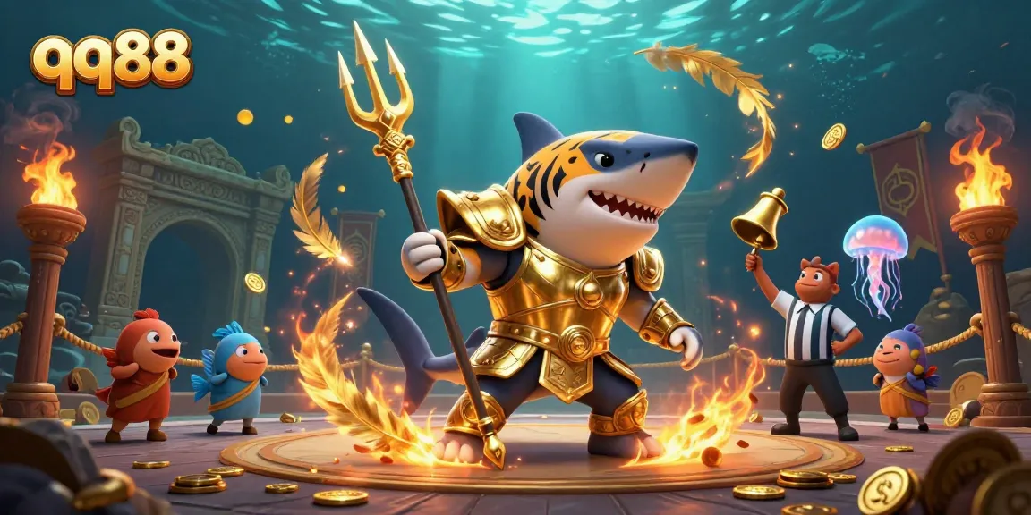 Engage with qq88's exhilarating underwater casino experience featuring a shark gladiator in action.
