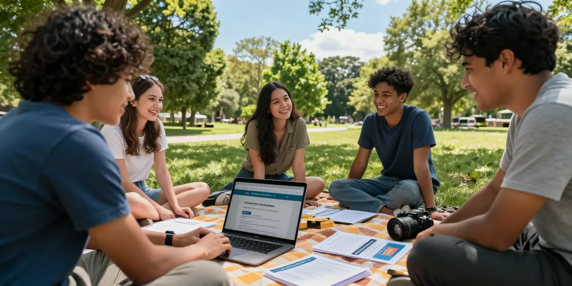 Friends discussing how can you get rid of a timeshare in a sunny park setting, surrounded by notes and a laptop.