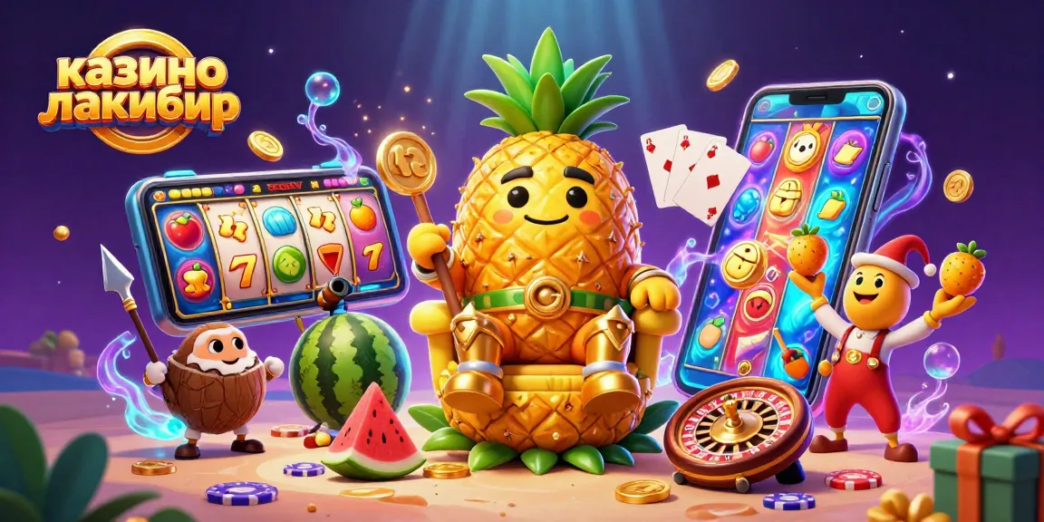 Experience the excitement of казино лакибир with a lively scene featuring the golden pineapple king and dynamic casino elements.