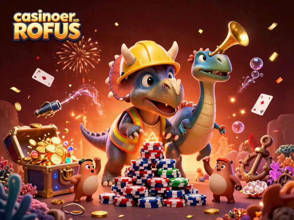 Engaging illustration showing casinoer uden ROFUS with a triceratops building poker chips, celebrating with games nearby.