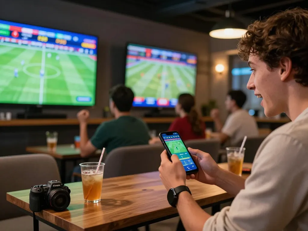 Excitedly placing bets through smartphone on tỷ lệ kèo trực tuyến while enjoying a football match