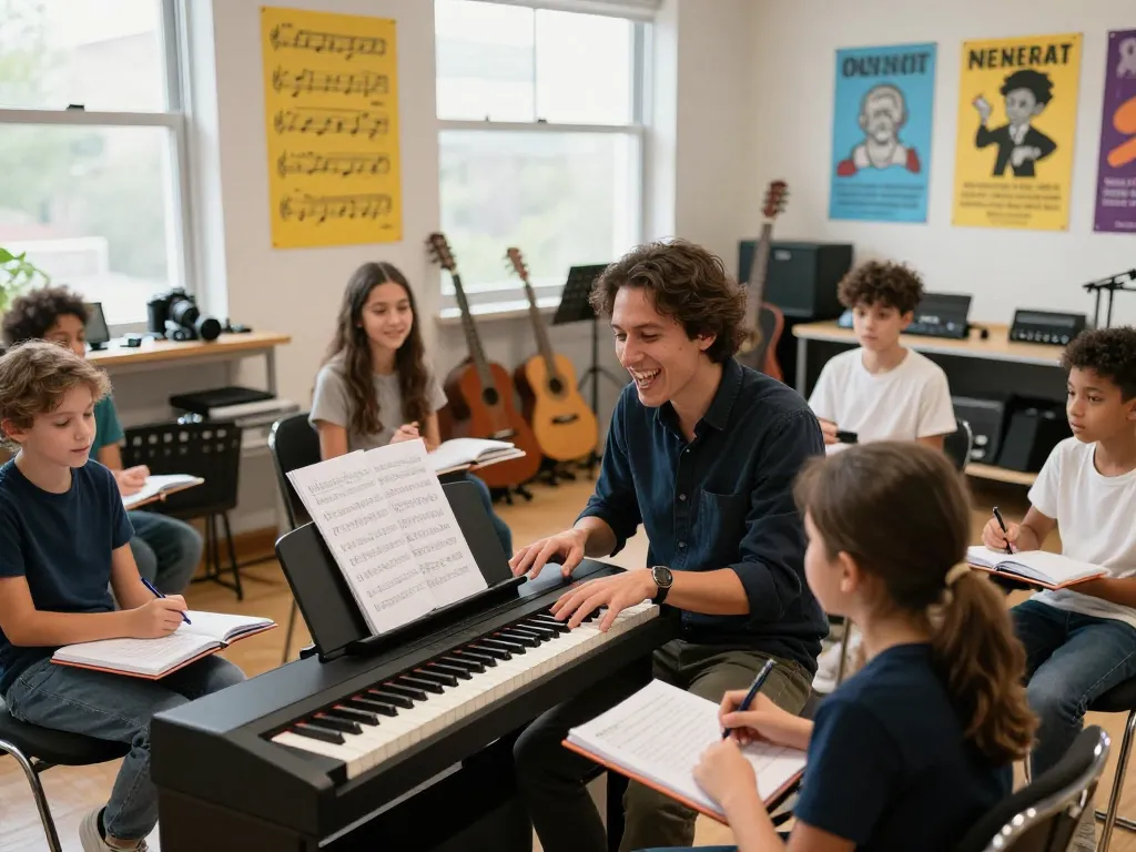 Students enjoying a music lesson with the go 88 digital piano in an inspiring learning environment.
