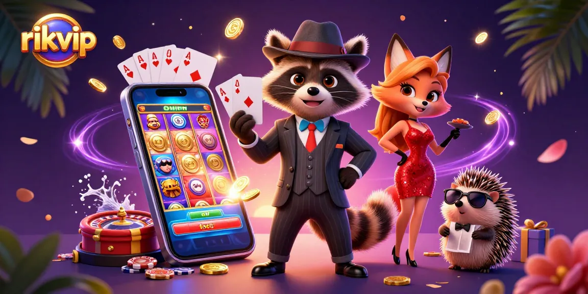 Experience the thrill of rikvip with a cartoon raccoon holding cards amidst a casino backdrop.