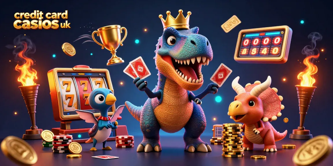 Engaging scene of credit card casinos uk featuring T-Rex shuffling cards, pterodactyl assisting, and triceratops stacking chips.