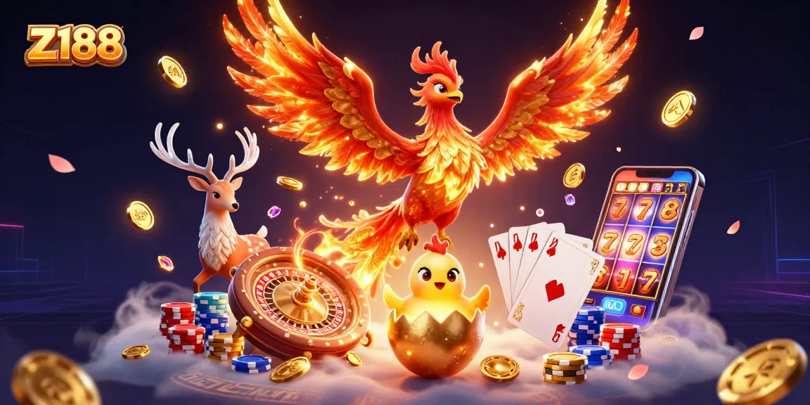 Engage in thrilling gaming at Z188 while witnessing a phoenix and stag in a vibrant casino scene.