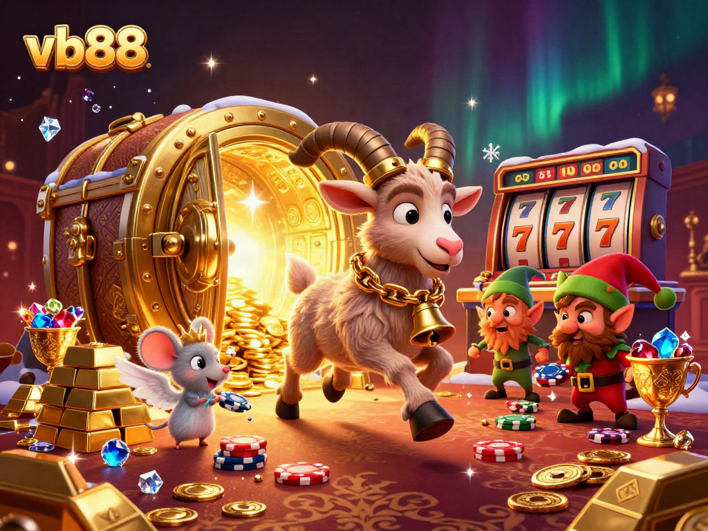 Experience excitement with vb88 in a festive casino scene featuring a Krampus goat, angel mouse, and playful gremlins.