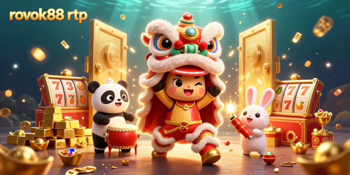 Experience the thrill of rokok88 rtp with a dynamic casino scene featuring a vibrant lion dance and exciting slot game elements.