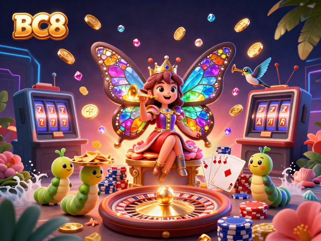 Experience the magic of BC8 with a vibrant casino-themed illustration featuring a butterfly queen and exquisite game elements.