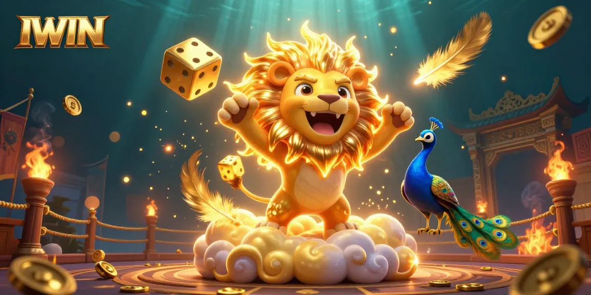 IWIN offers thrilling casino fun with dynamic 3D lion, golden dice, and vibrant gaming elements.
