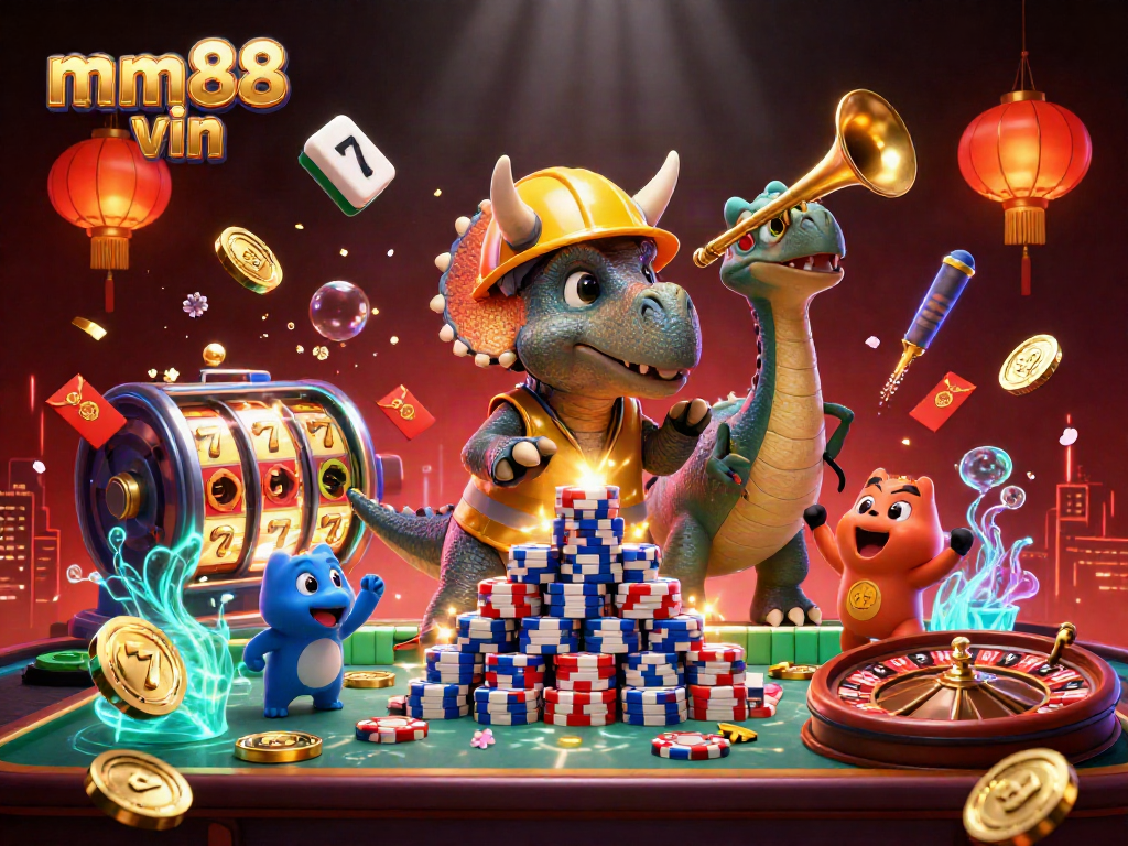 mm88 vin casino scene with cartoon dinosaurs celebrating and stacking poker chips