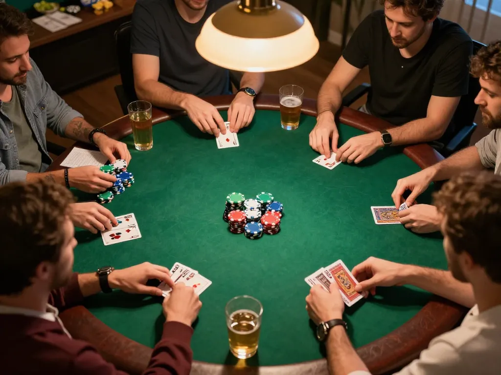 Friends enjoy a vibrant poker game at home with Go8 strategies and chips stacked on the table.