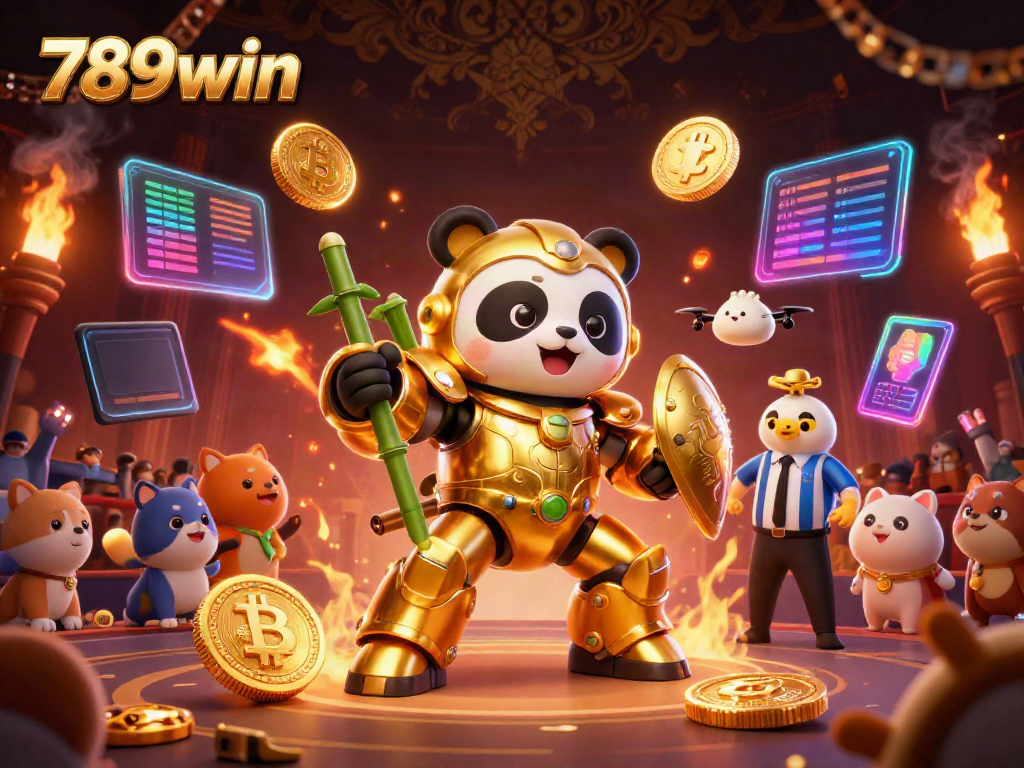 Engage with electrifying gameplay at 789win featuring a golden panda robot in a vibrant casino arena.