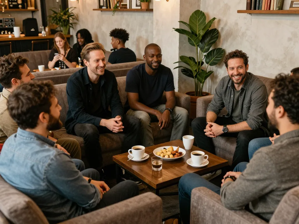Men engaging in conversation at a welcoming man club, showcasing camaraderie and support in a cozy lounge.