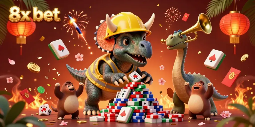 Engage in thrilling gameplay with 8x bet as a triceratops builds poker chip pyramids in a vibrant casino.