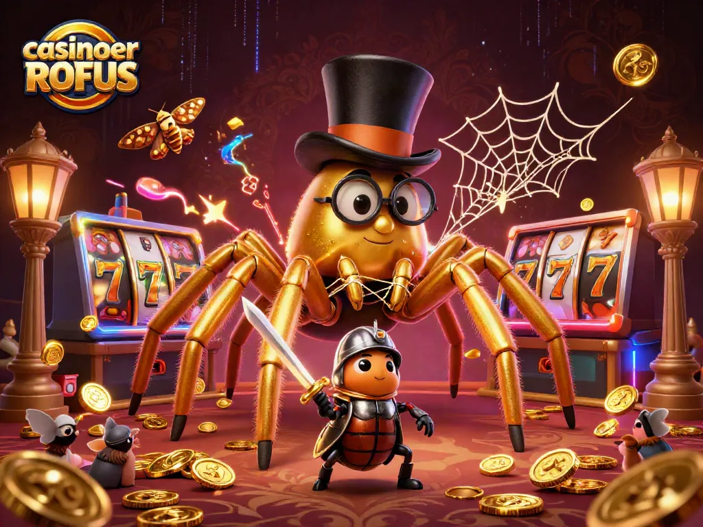Engage with thrilling action at casinoer uden ROFUS featuring a golden tarantula and slot machines.