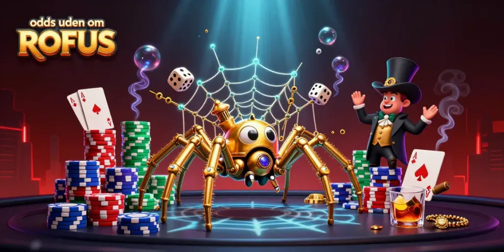 Engage with odds uden om ROFUS as a steampunk spider ensnares lucky poker chips in a vibrant casino scene.