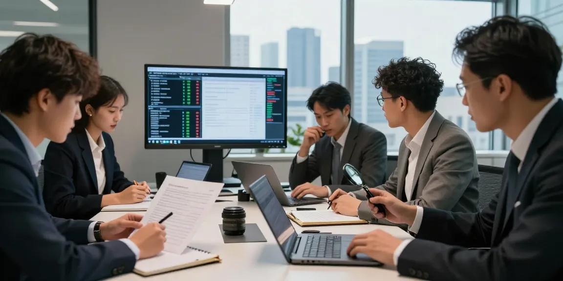 Team engaged in document fraud detection analysis with digital screens and collaborative effort.