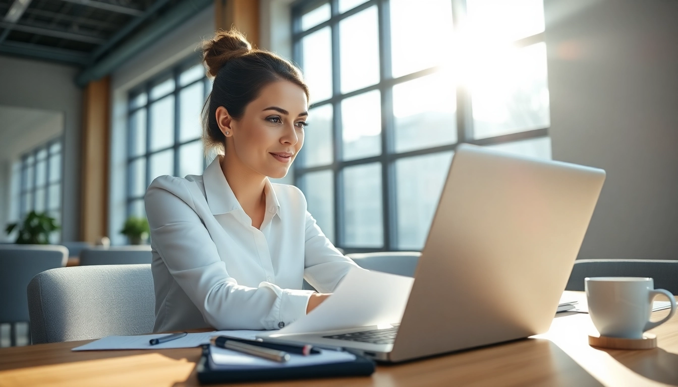 Complete your eta application uk with a focused businesswoman in a modern office.