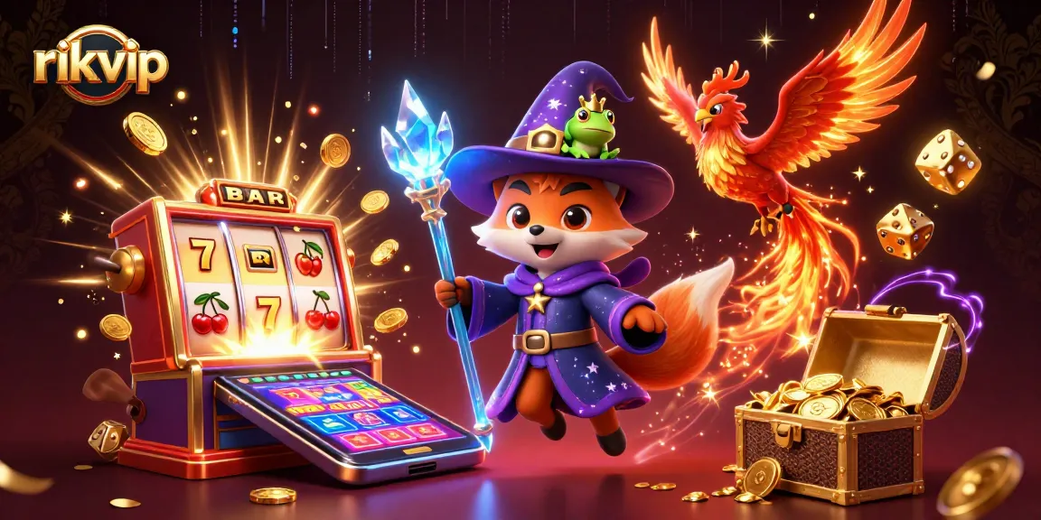 Experience the thrilling excitement of rikvip with an enchanted wizard fox and a phoenix amidst a vibrant casino scene.