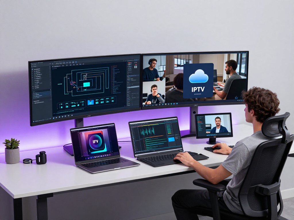IPTV subscription reseller's tech workspace featuring software development, cloud computing integration, and advanced digital tools.