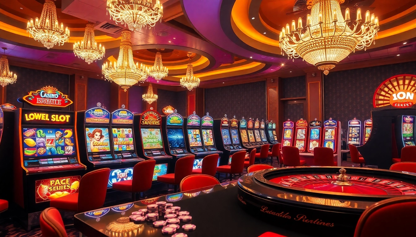 Players enjoying idn slot machines in a lively casino setting with vibrant lights and excitement.