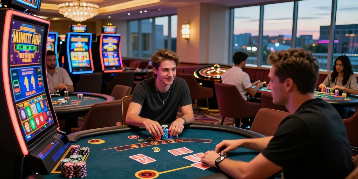 Players enjoying the excitement of credit card casinos in a vibrant gaming lounge with slot machines and poker tables.