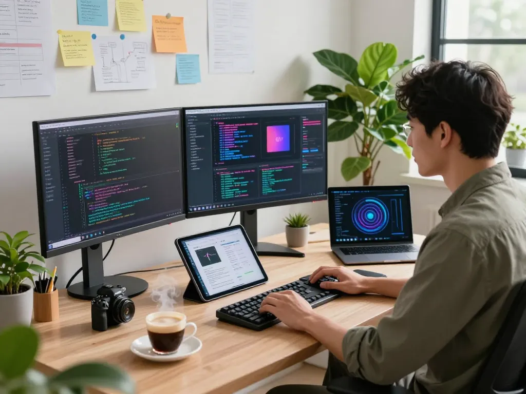 Developer coding with crush ai setup in a modern office, vibrant UI designs and tech gadgets.