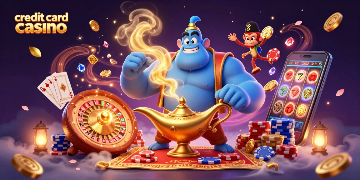 Engaging 3D scene showcasing credit card casino excitement with a genie, flying carpet, and poker elements.