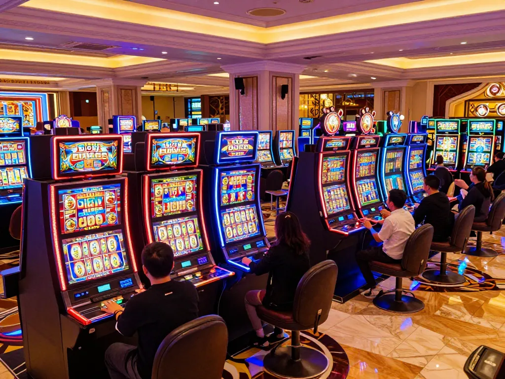 Players enjoying the Lucky 88 slot machines, celebrating wins in a vibrant casino.