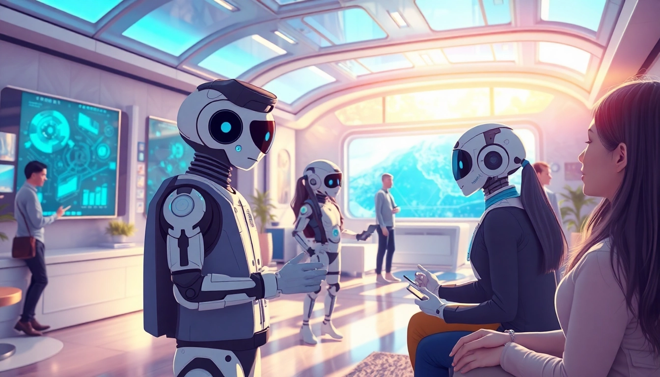 Crush AI: Engaging interaction with futuristic AI companions in a vibrant tech setting.