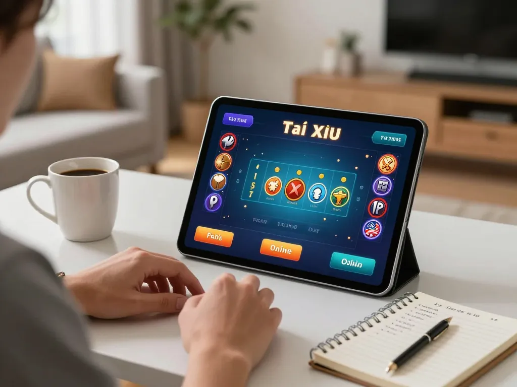 Tài Xỉu online gameplay in a stylish home setting showcasing user engagement with gaming interface.