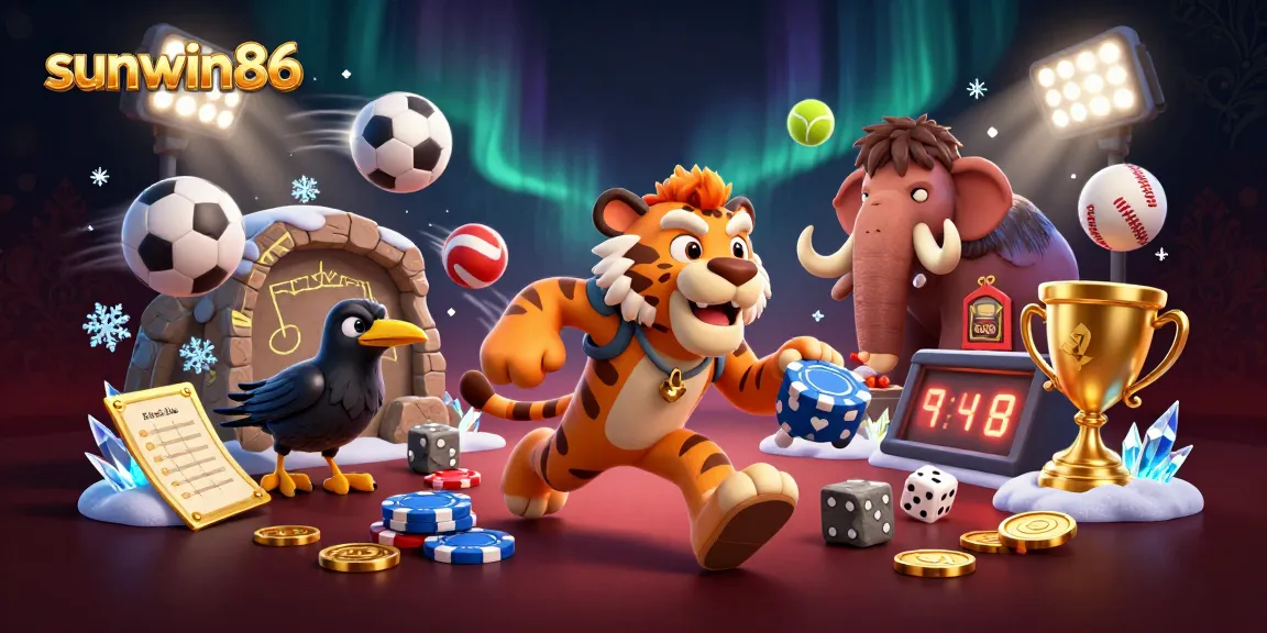 Engage with sunwin86 at a vibrant prehistoric casino with dynamic gaming elements and cartoon characters.