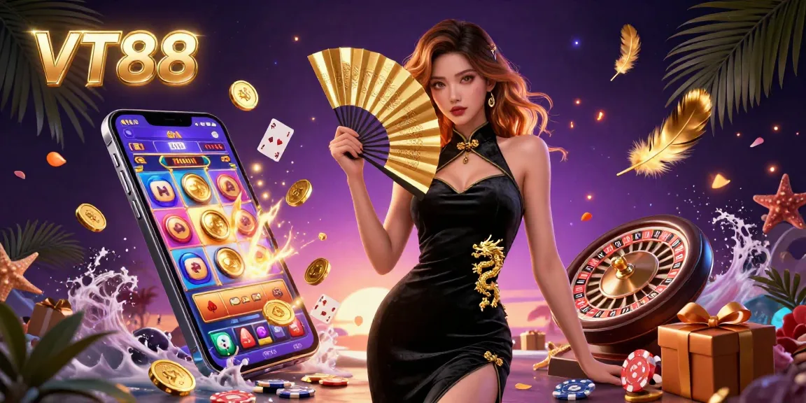 Experience the excitement of VT88 with vibrant slot games and casino elements in a stunning 3D scene.